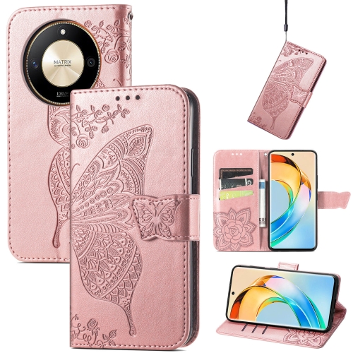 

For Honor X50 Butterfly Love Flower Embossed Leather Phone Case(Rose Gold)