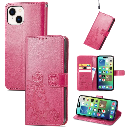 For iPhone 15 Four-leaf Clasp Embossed Buckle Leather Phone Case(Magengta) portable wireless bluetooth keyboard with faux leather case for iphone samsung xiaomi smartphones within 7 inches phone pink
