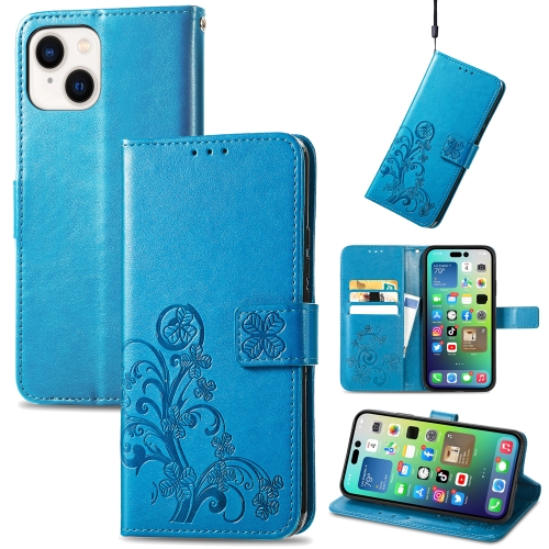 

For iPhone 15 Four-leaf Clasp Embossed Buckle Leather Phone Case(Blue)