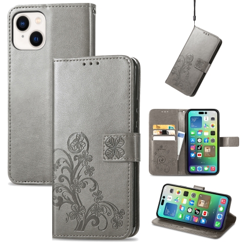 

For iPhone 15 Plus Four-leaf Clasp Embossed Buckle Leather Phone Case(Gray)
