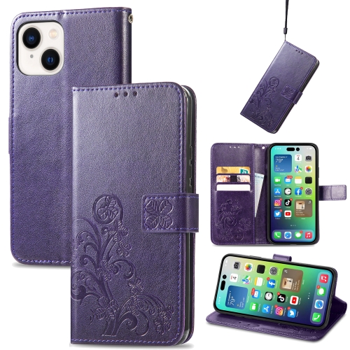 For iPhone 15 Plus Four-leaf Clasp Embossed Buckle Leather Phone Case(Purple) portable dual usb powerbank diy case 3x 18650 battery charger mobile phone charger power bank box shell kit for iphone huawei