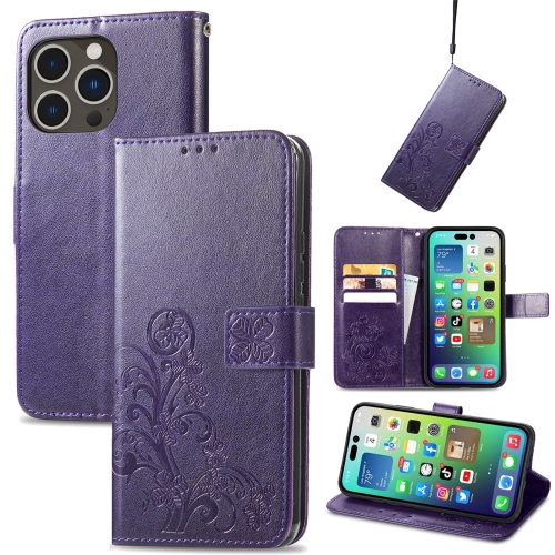 

For iPhone 15 Pro Four-leaf Clasp Embossed Buckle Leather Phone Case(Purple)