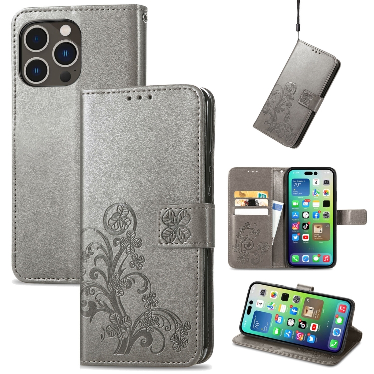 For iPhone 15 Pro Max Four-leaf Clasp Embossed Leather Phone Case(Gray)