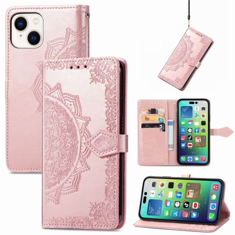 

For iPhone 15 Mandala Flower Embossed Leather Phone Case(Rose Gold)