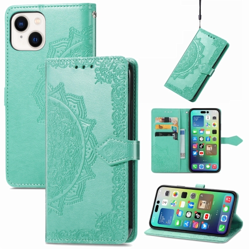 

For iPhone 15 Mandala Flower Embossed Leather Phone Case(Green)
