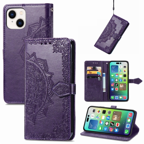 

For iPhone 15 Mandala Flower Embossed Leather Phone Case(Purple)