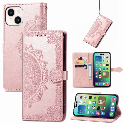 

For iPhone 15 Plus Mandala Flower Embossed Leather Phone Case(Rose Gold)
