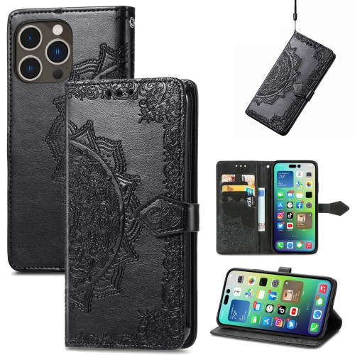 

For iPhone 15 Pro Mandala Flower Embossed Leather Phone Case(Black)