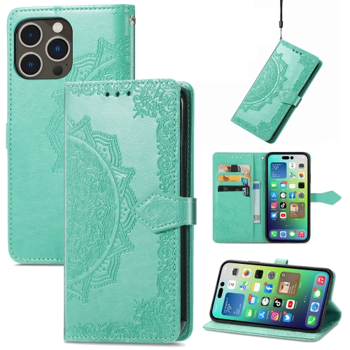 

For iPhone 15 Pro Mandala Flower Embossed Leather Phone Case(Green)