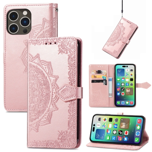 

For iPhone 15 Pro Max Mandala Flower Embossed Leather Phone Case(Rose Gold)