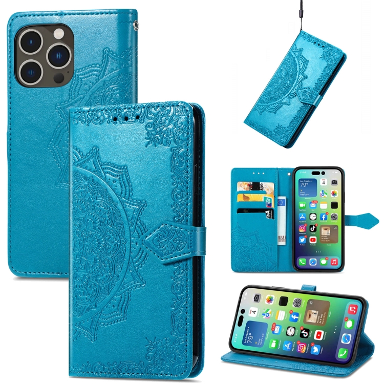 

For iPhone 15 Pro Max Mandala Flower Embossed Leather Phone Case(Blue)
