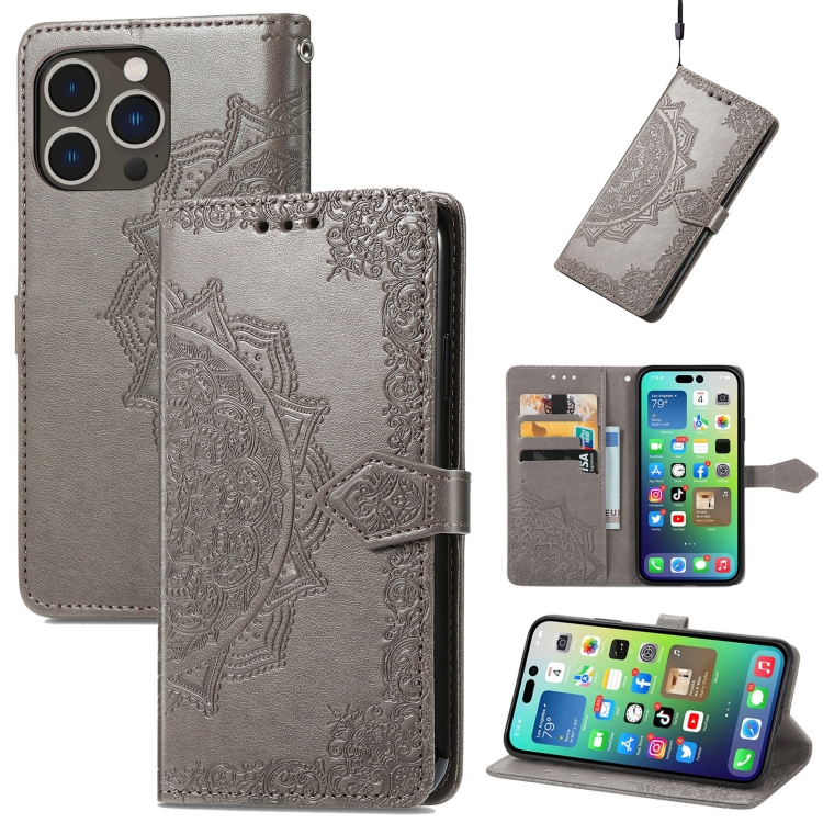 

For iPhone 15 Pro Max Mandala Flower Embossed Leather Phone Case(Gray)