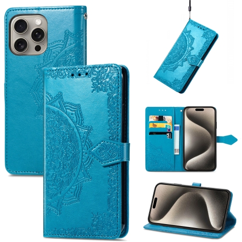 

For iPhone 16 Pro Mandala Flower Embossed Leather Phone Case(Blue)