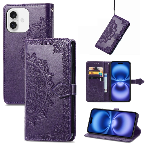 

For iPhone 16 Plus Mandala Flower Embossed Leather Phone Case(Purple)