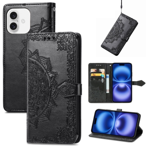 

For iPhone 16 Mandala Flower Embossed Leather Phone Case(Black)