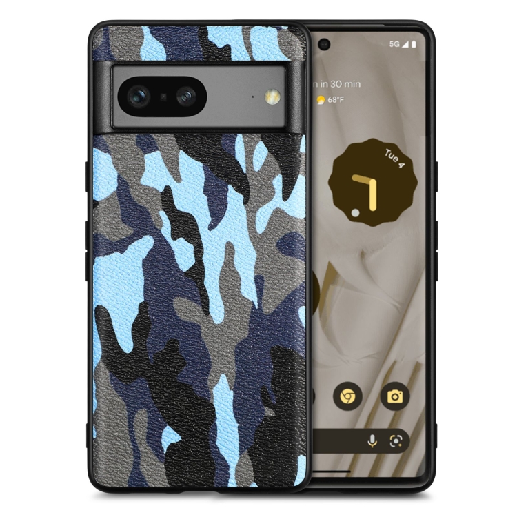 

For Google Pixel 7A Camouflage Leather Back Cover Phone Case(Blue)
