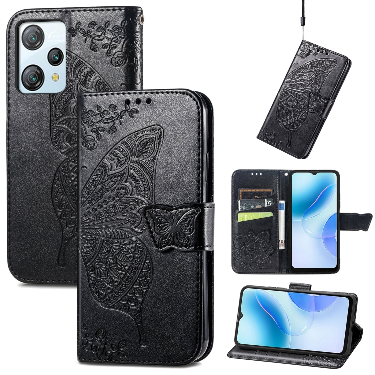 

For Blackview A53 Butterfly Love Flower Embossed Leather Phone Case(Black)