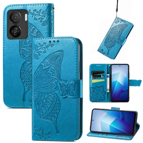 

For vivo iQOO Z7 Butterfly Love Flower Embossed Leather Phone Case(Blue)