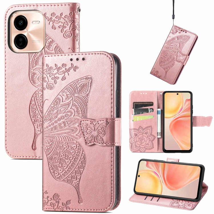 

For vivo Y37 Pro Butterfly Love Flower Embossed Leather Phone Case(Rose Gold)