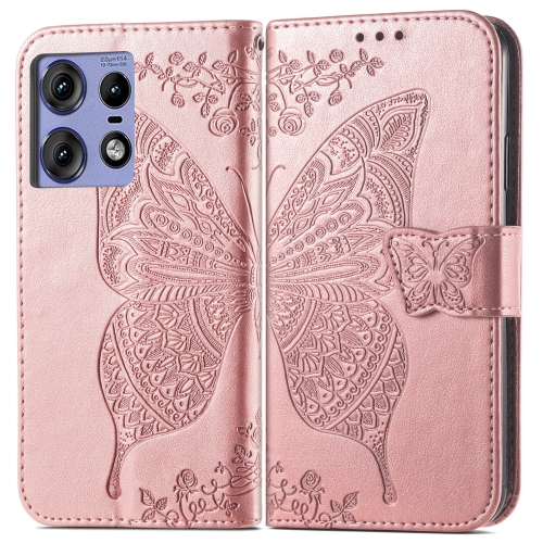 

For Motorola moto Edge 50 Ultra Butterfly Love Flower Embossed Leather Phone Case(Rose Gold)