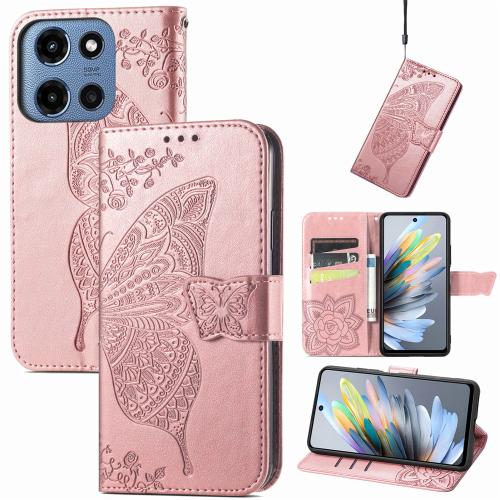 

For Motorola Moto G 2025 Butterfly Love Flower Embossed Leather Phone Case(Rose Gold)