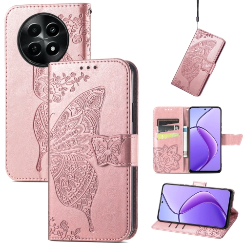 

For Realme 12 Butterfly Love Flower Embossed Leather Phone Case(Rose Gold)