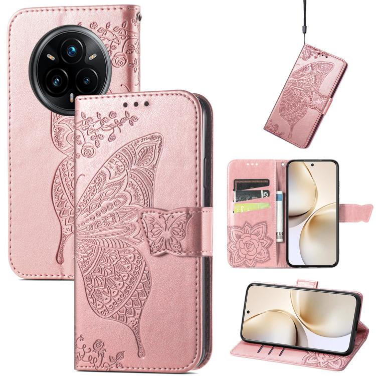 

For Realme 14 Pro+ Butterfly Love Flower Embossed Leather Phone Case(Rose Gold)