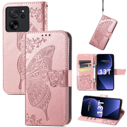 

For Xiaomi 13T Butterfly Love Flower Embossed Leather Phone Case(Rose Gold)