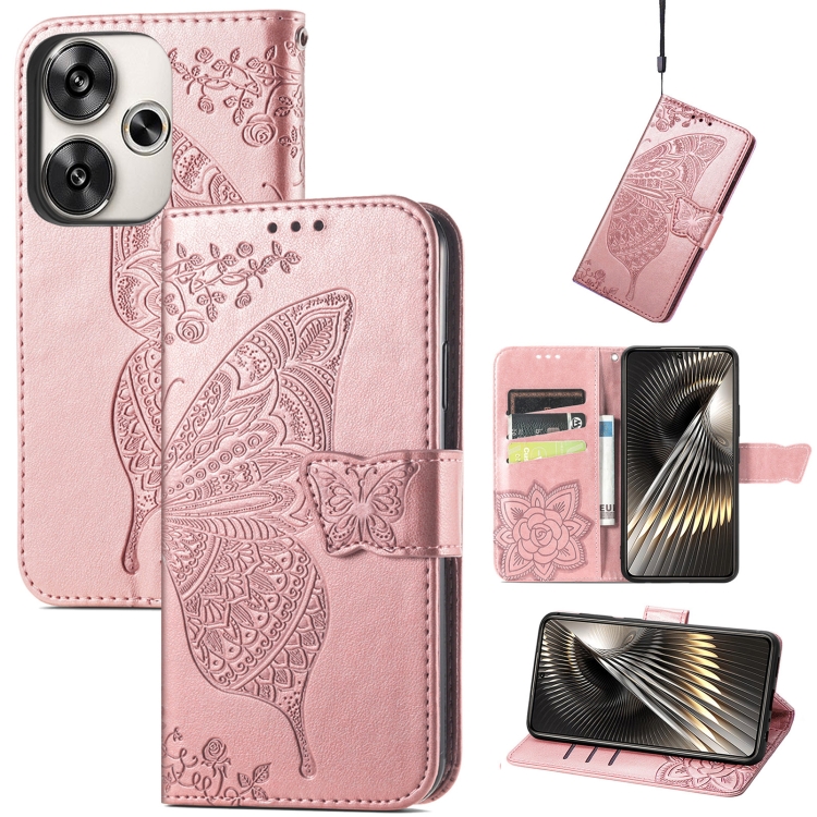

For Xiaomi Redmi Turbo 3 5G Butterfly Love Flower Embossed Leather Phone Case(Rose Gold)