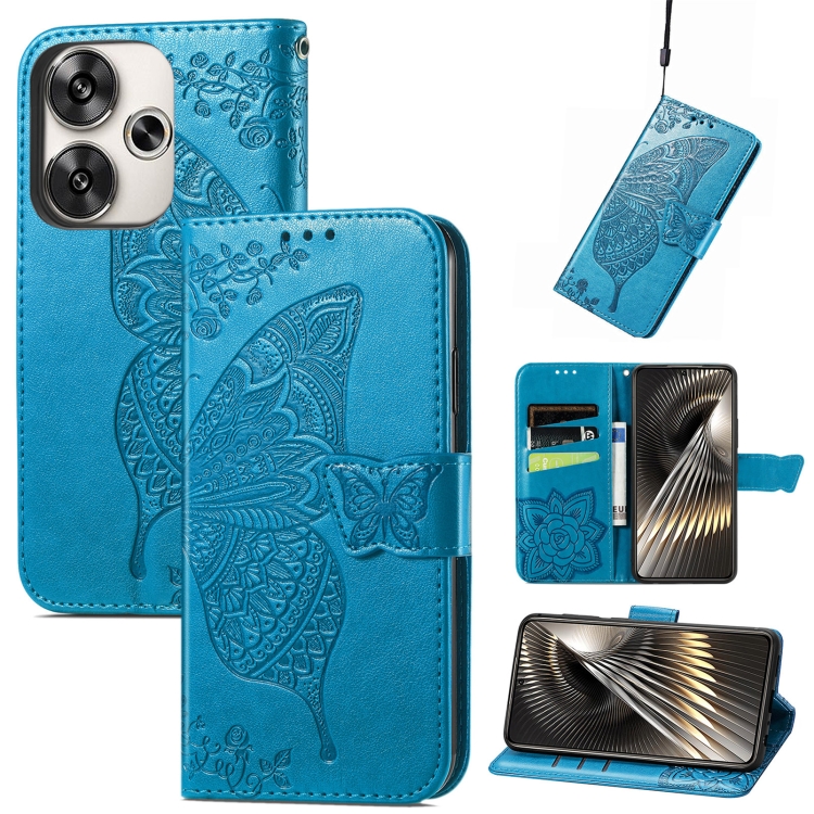 

For Xiaomi Redmi Turbo 3 5G Butterfly Love Flower Embossed Leather Phone Case(Blue)