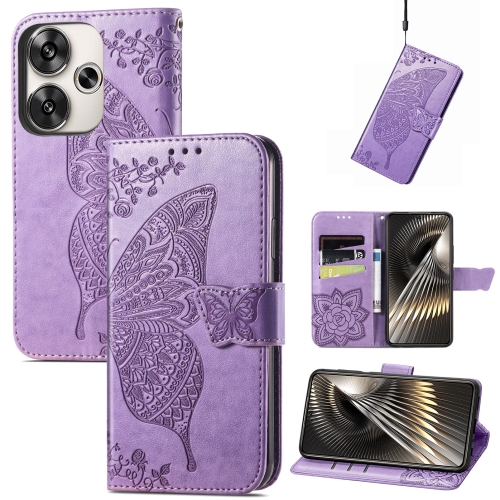 

For Xiaomi Redmi Turbo 3 5G Butterfly Love Flower Embossed Leather Phone Case(Lavender)