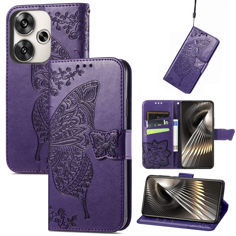 

For Xiaomi Redmi Turbo 3 5G Butterfly Love Flower Embossed Leather Phone Case(Purple)
