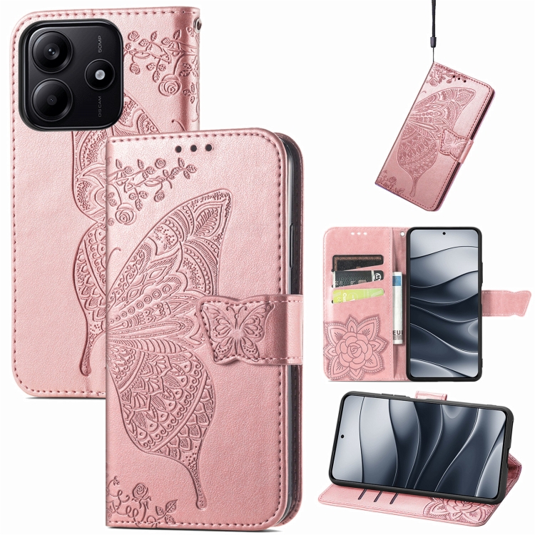 

For Xiaomi Redmi Note 14 5G Butterfly Love Flower Embossed Leather Phone Case(Rose Gold)