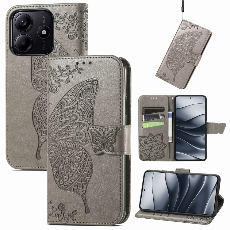 

For Xiaomi Redmi Note 14 5G Butterfly Love Flower Embossed Leather Phone Case(Gray)