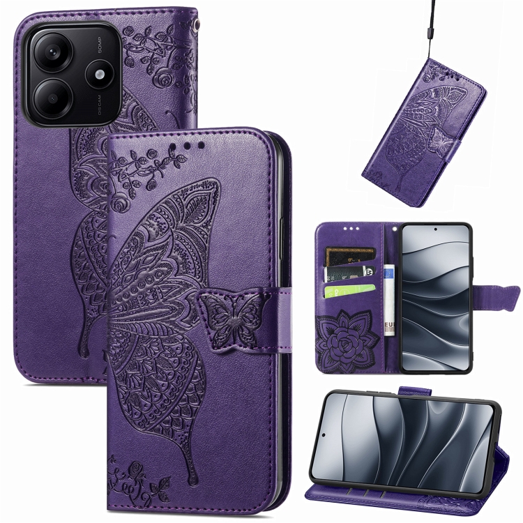 

For Xiaomi Redmi Note 14 5G Butterfly Love Flower Embossed Leather Phone Case(Purple)