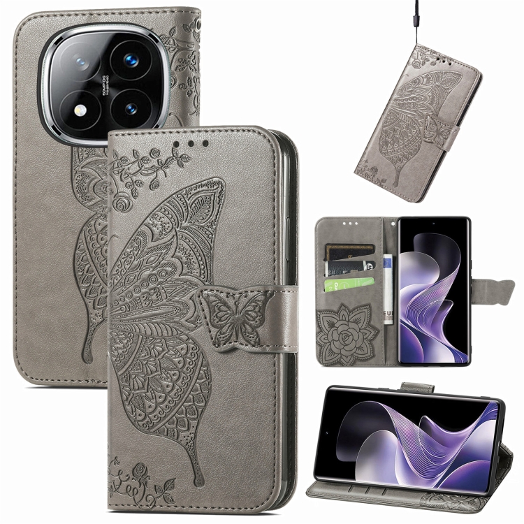 

For Xiaomi Redmi Note 14 Pro 5G Butterfly Love Flower Embossed Leather Phone Case(Gray)