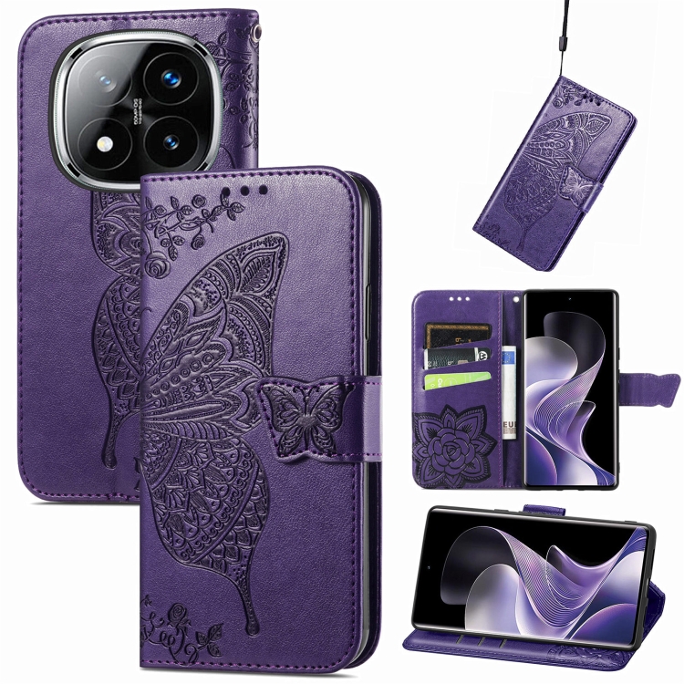 

For Xiaomi Redmi Note 14 Pro 5G Butterfly Love Flower Embossed Leather Phone Case(Purple)