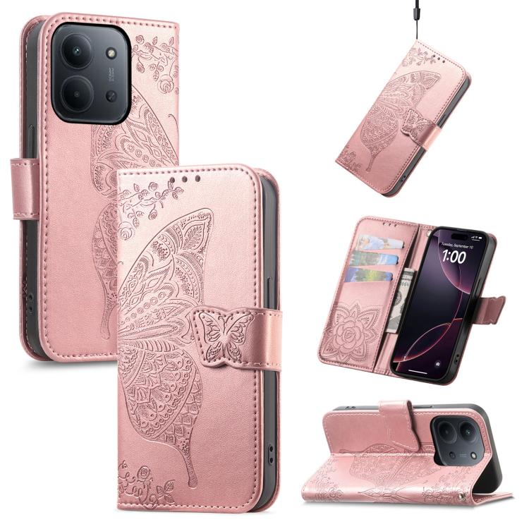 

For Redmi 15C 5G / 4G Glodal 171mm Butterfly Love Flower Embossed Leather Phone Case(Rose Gold)