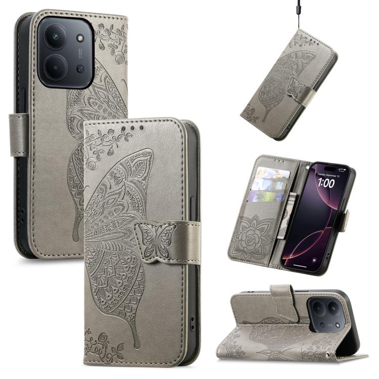 

For Redmi 15C 5G / 4G Glodal 171mm Butterfly Love Flower Embossed Leather Phone Case(Gray)