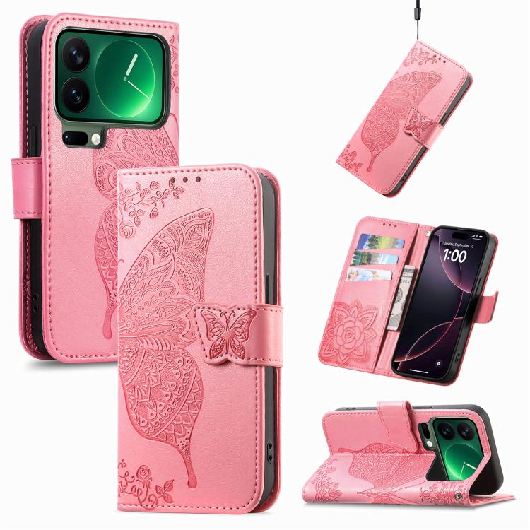 

For Xiaomi 17 Pro Butterfly Love Flower Embossed Leather Phone Case(Pink)