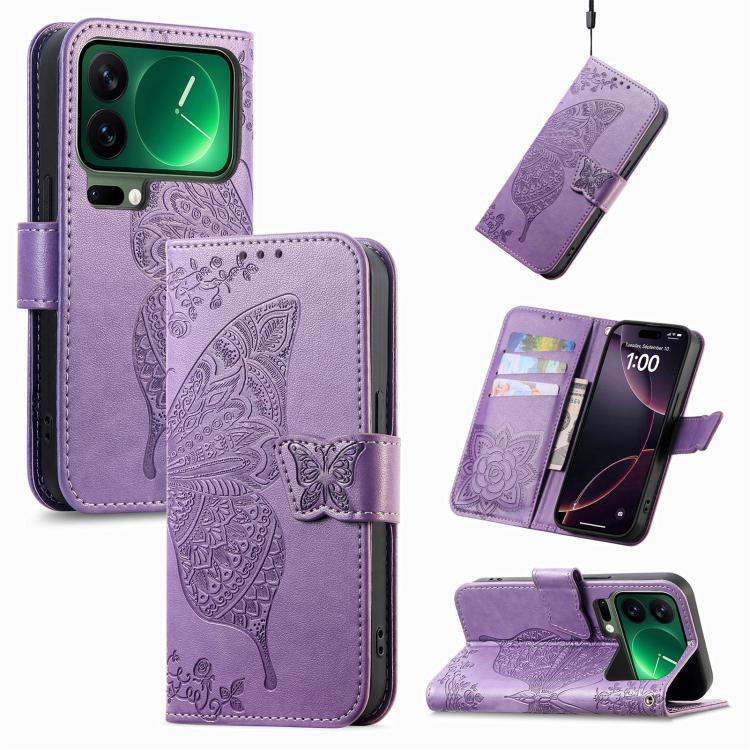 

For Xiaomi 17 Pro Butterfly Love Flower Embossed Leather Phone Case(Lavender)