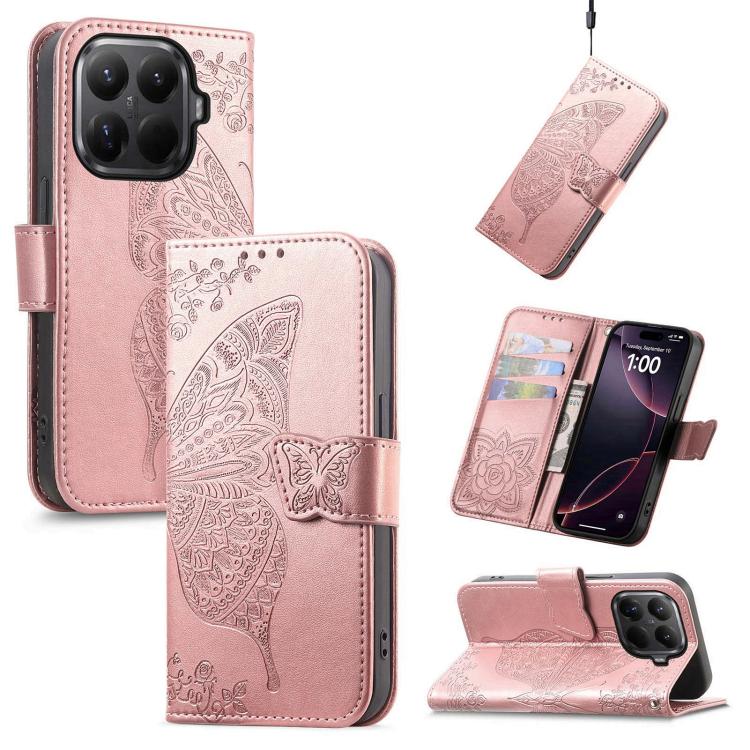 

For Xiaomi 15T Pro Butterfly Love Flower Embossed Leather Phone Case(Rose Gold)
