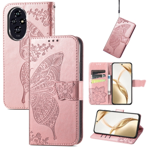 

For Honor 200 Butterfly Love Flower Embossed Leather Phone Case(Rose Gold)