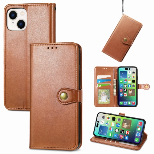 

For iPhone 15 Retro Solid Color Buckle Leather Phone Case(Brown)