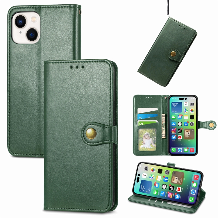 

For iPhone 15 Plus Retro Solid Color Buckle Leather Phone Case(Green)