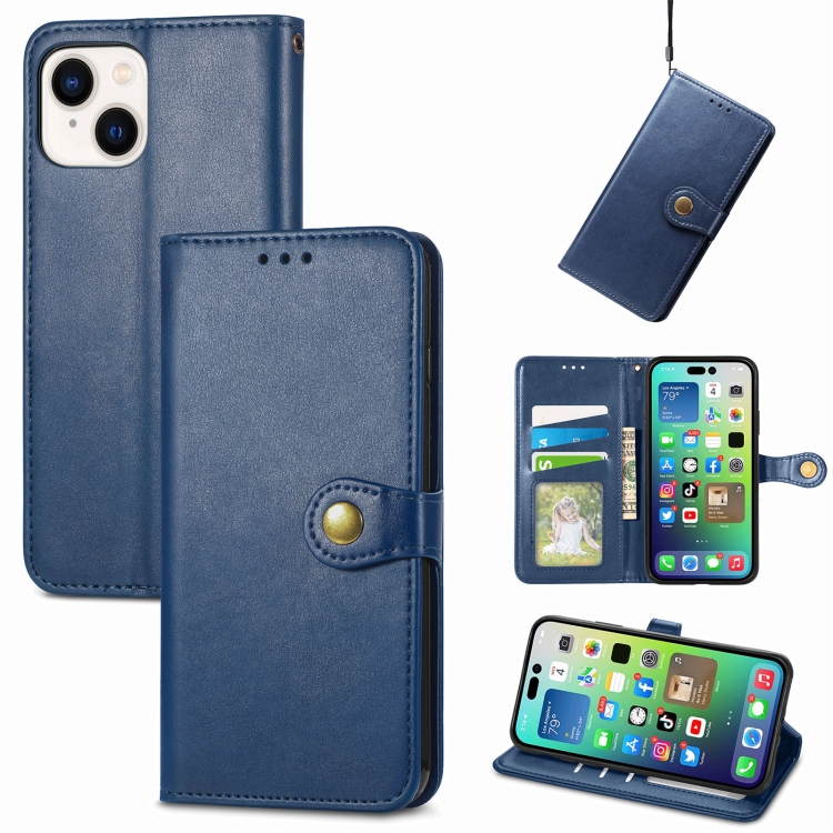 

For iPhone 15 Plus Retro Solid Color Buckle Leather Phone Case(Blue)