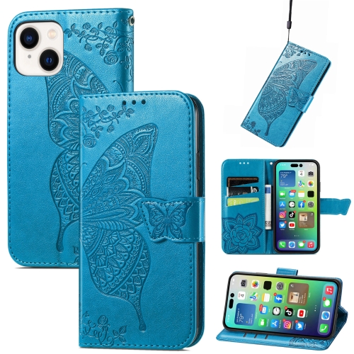 

For iPhone 15 Butterfly Love Flower Embossed Leather Phone Case(Blue)