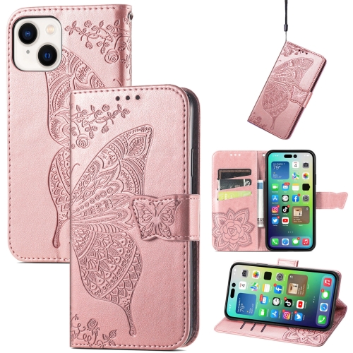For iPhone 15 Butterfly Love Flower Embossed Leather Phone Case(Rose Gold) for iphone 15 butterfly love flower embossed leather phone case rose gold