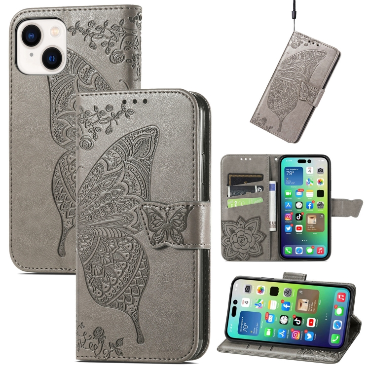 

For iPhone 15 Butterfly Love Flower Embossed Leather Phone Case(Gray)