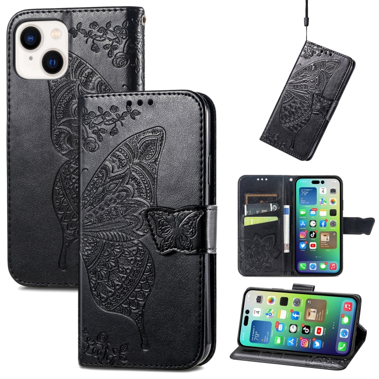 

For iPhone 15 Plus Butterfly Love Flower Embossed Leather Phone Case(Black)